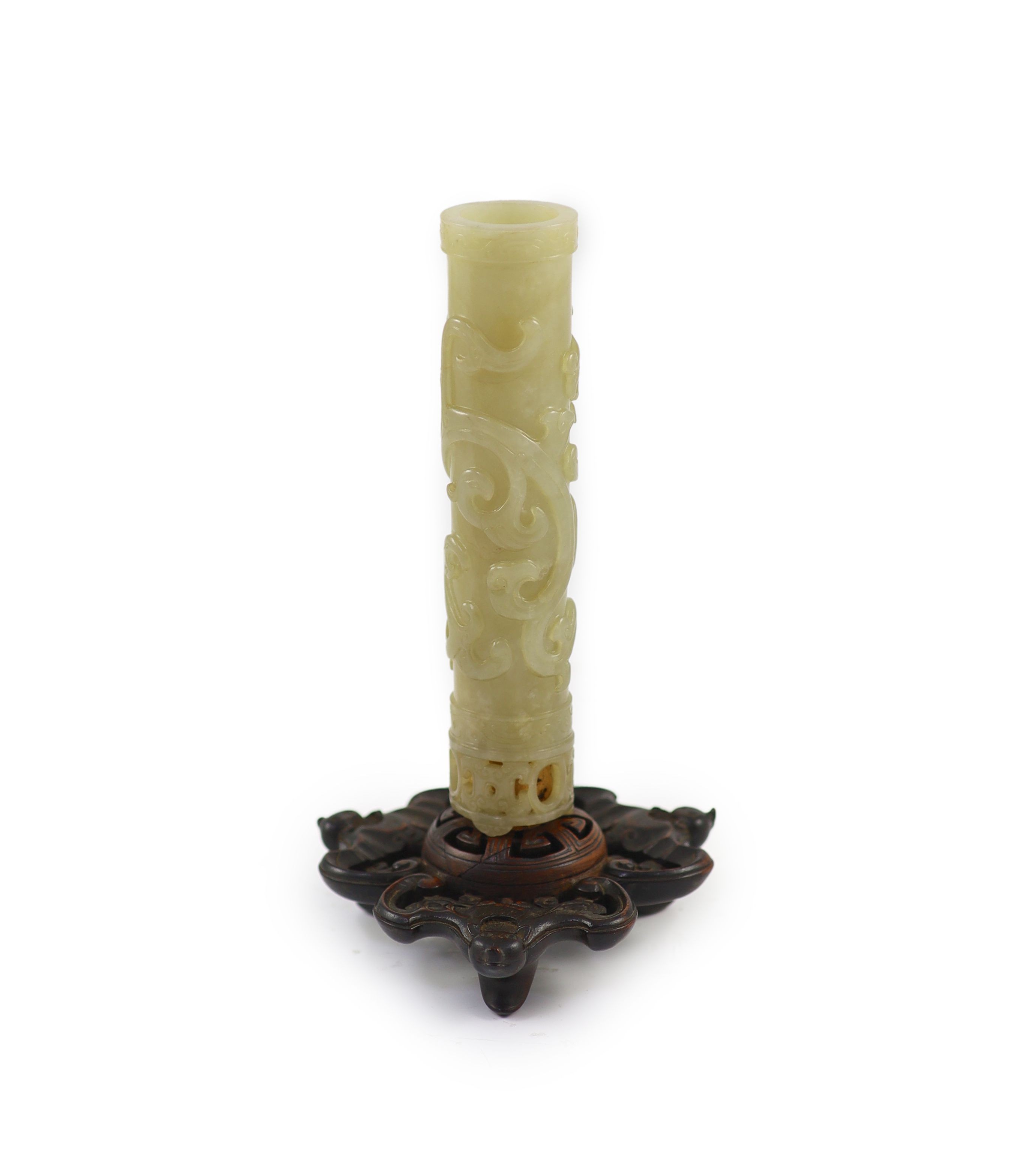 A Chinese celadon jade 'phoenix' cylindrical incense holder, 18th/19th century, 16.7cm high, adapted wood stand